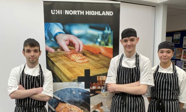 UHI North Highland cookery students Ted Pennington, left, Finlay Macdonald and Holly Preston will travel to London to compete for a national prize and a trip to Asia. Image: UHI North Highland
