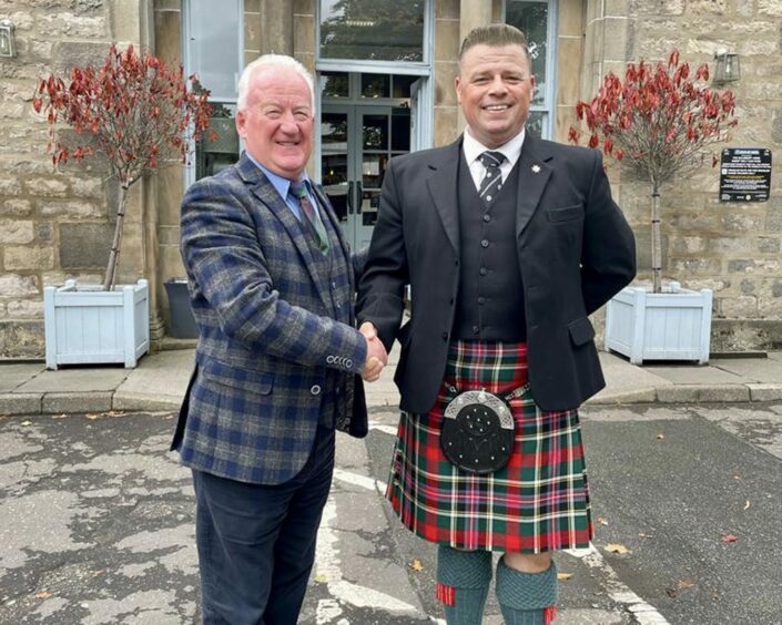 Peter MacDonald of Isle of Skye Pipe Band with Kevin Conquest of Mesa Caledonian Pipe Band