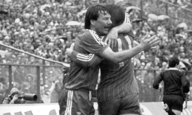 Stuart Kennedy, left, during the 1982/83 Scottish Cup semi-final - one of the games which contributed to ruling him out of the European Cup Winners' Cup final in Gothenburg. Image: Aberdeen Journals