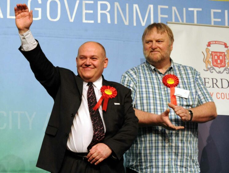 Aberdeen Labour leader Barney Crockett and by-election candidate Graeme Lawrence when both won election in the Dyce, Bucksburn and Danestone in 2012. Image: Jim Reid/DC Thomson.