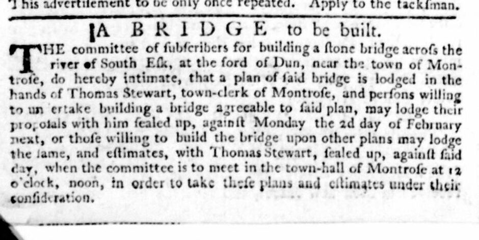 An article from The Aberdeen Journal in 1783 about the Bridge of Don near Montrose.