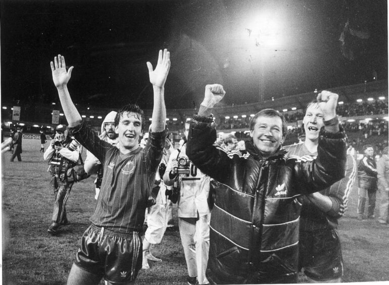 Alex Ferguson celebrating with Peter Weir after the European Cup Winners' Cup triumph in Gothenburg.