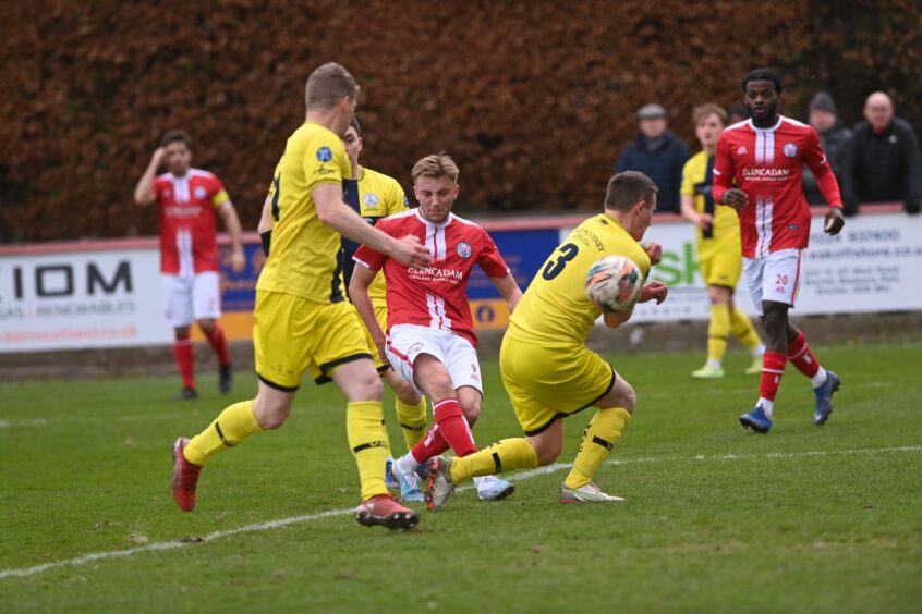 Brechin City striker Grady McGrath clips in the second goal against Wick Academy. Image: Darrell Benns/DC Thomson