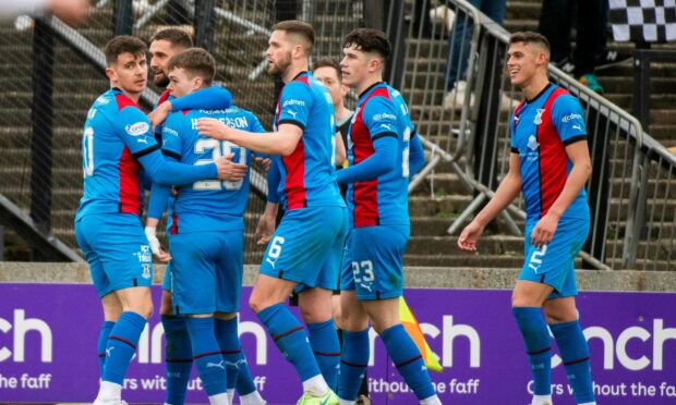 Caley Thistle celebrate Jay Henderson's clinching goal at Ayr United. Images: Euan Cherry