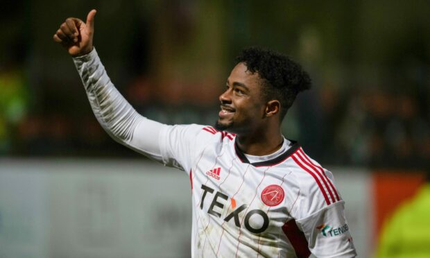 Aberdeen's Luis 'Duk' Lopes celebrates at full time against Dundee United. Image: SNS