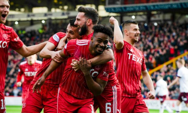 Aberdeen striker Luis 'Duk' Lopes celebrates making it  1-0 against Hearts. (Photo by Paul Byars / SNS Group)