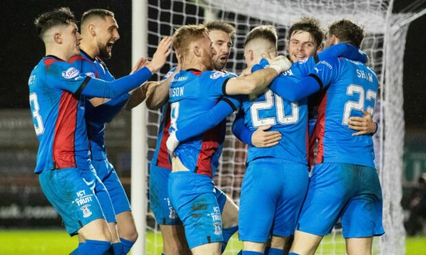 Caley Thistle players celebrate Nathan Shaw's goal against Partick Thistle. Image: SNS