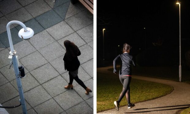 A CCTV camera watching a woman walking and a woman running at night
