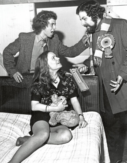1974 - Arts Centre Theatre Group members Wendy Mackay, Derek Anderson and David Malcolm rehearse for a performance of Rattle of a Simple Man.