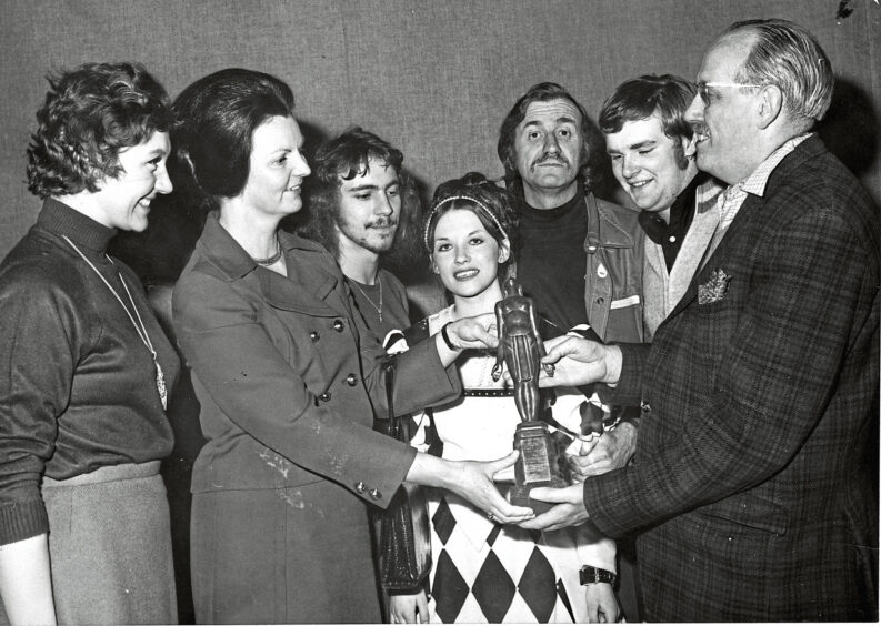 1973 - Lady Provost Mrs Smith presents the trophy to the cast of Baptie’s Lass, the comedy by Aberdeen College of Education, which won the Scottish Community Drama Association Festival in the college’s theatre.