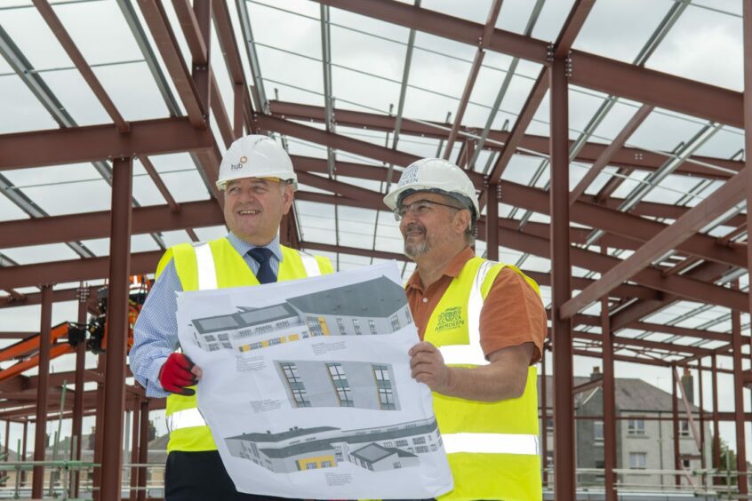 SNP councillor Christian Allard on a tour of the construction site where the new Torry primary school is being built. Image: Aberdeen City Council.