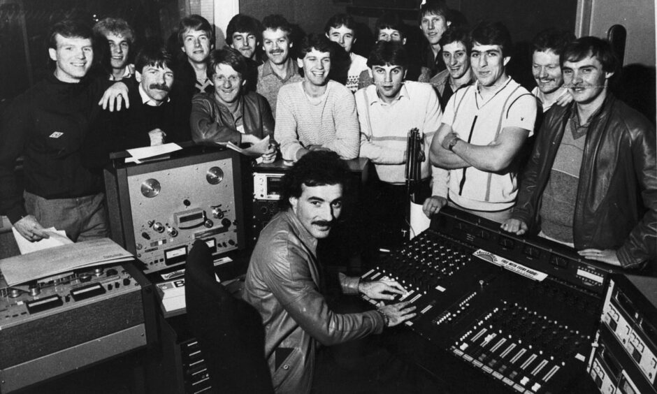 Willie Miller and the Dons stars in the recording studio in 1983. Image: DC Thomson.