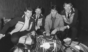 Eric Black, John McMaster, Mark McGhee and Doug Rougvie flying back to Scotland following the win. Image: DC Thomson.