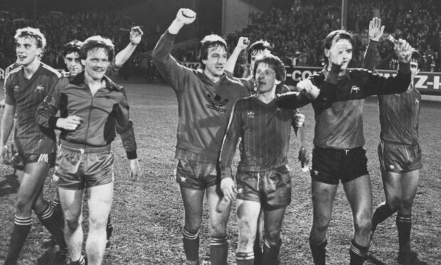 The triumphant Dons heroes celebrate after putting the West Germans to the sword. Image: DC Thomson.