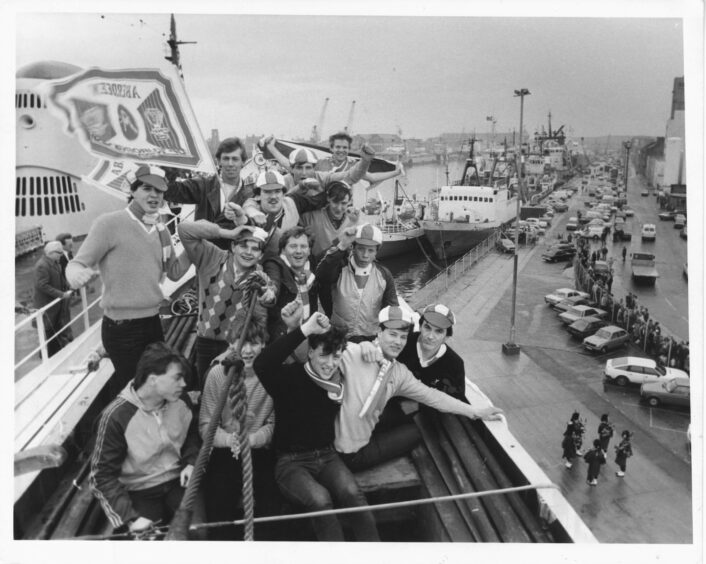 There was a carnival atmosphere aboard the P&amp;O ferry when it left Aberdeen. Image: DC Thomson.