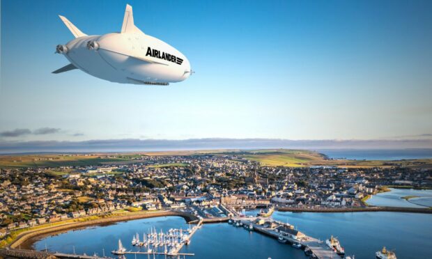 An Airlander airship made by Hybrid Air Vehicles flying over Orkney.