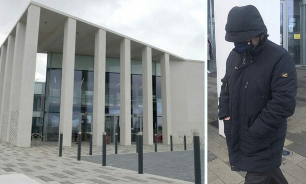 Andrew Burton hid his face as he left Inverness Sheriff Court having been placed on the sex offenders register.