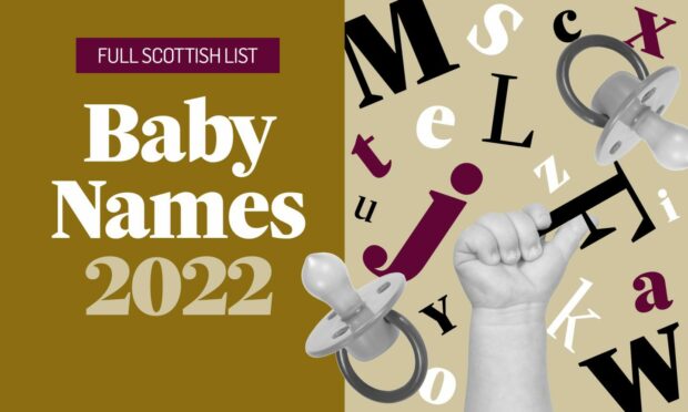 Scottish baby names 2022 illustration with letters and baby