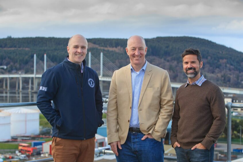 Richard Broadbent, vice president of United Malt and UK general manager; Mark Kent, chief executive of the Scotch Whisky Association and Tiago Darocha, COO of United Malt, in Inverness. 
