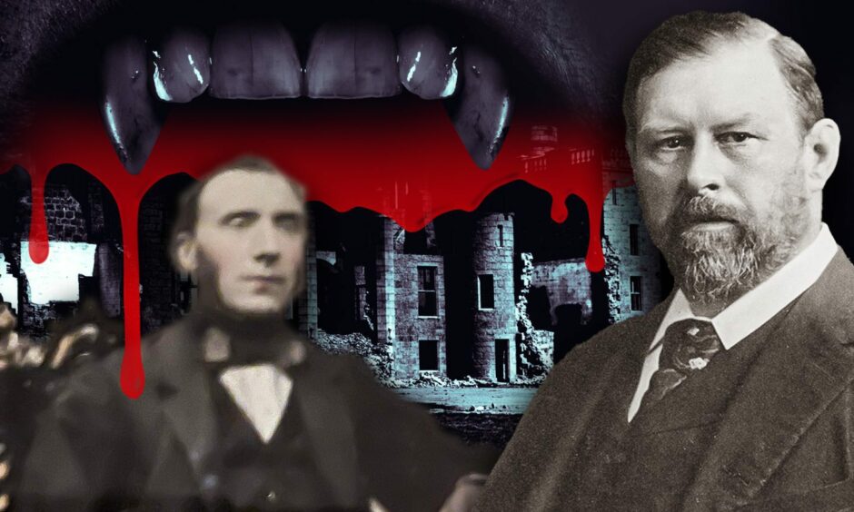 A graphic collage of Rev Adam Drummond, Bram Stoker and Slains Castle with vampire fangs at the top of the frame