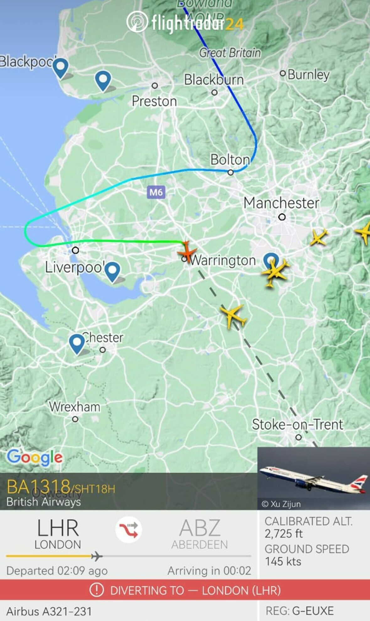 A screenshot of flight BA1318, British Airways London Heathrow to Aberdeen, being tracked as it diverted to Liverpool.