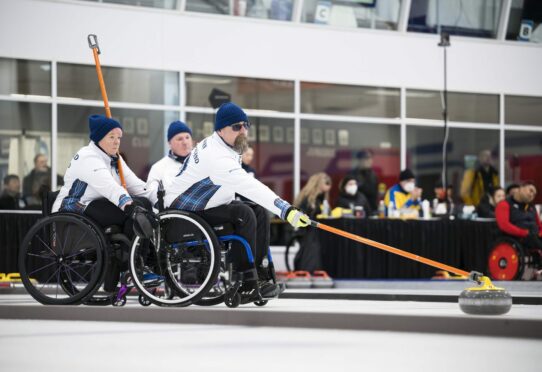 To go with story by Danny Law. Gregor Ewan of Elgin in action for Scotland at the World Wheelchair Curling Championships 2023.  Picture shows; Gregor Ewan of Elgin in action for Scotland at the World Wheelchair Curling Championships 2023. . Canada. Supplied by Submitted Date; 12/03/2023