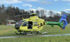 The helicopter landed in Turriff Haughs to take the man to hospital.
Image: Kathryn Wylie/ DC Thomson.