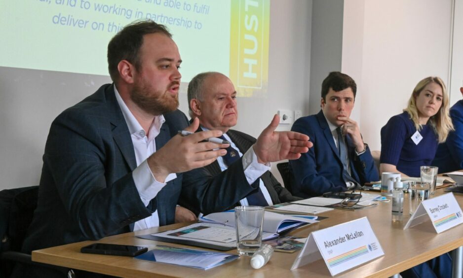 SNP finance convener Alex McLellan (left) and Aberdeen Labour leader Barney Crockett (centre left) debating the issues at a pre-election hustings chaired by The Press And Journal's political editor, Adele Merson (right). Image: Kenny Elrick/DC Thomson.