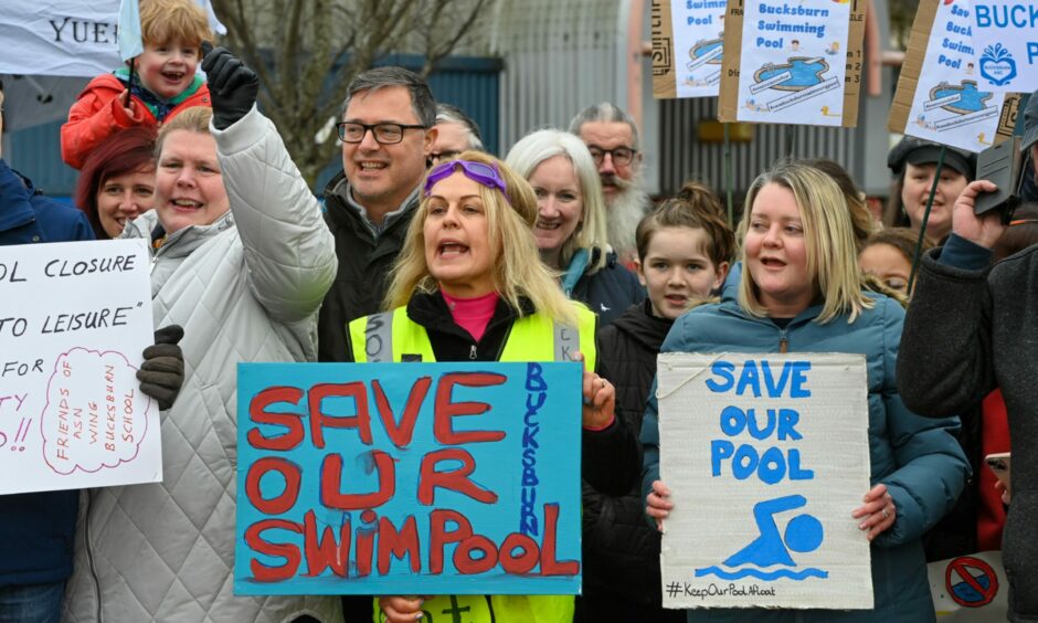 Demonstrators rallied outside Bucksburn Pool, which was threatened with closure, on Sunday, while dozens more protested against planned library closures earlier this week.  Image: Kenny Elrick/DC Thomson.