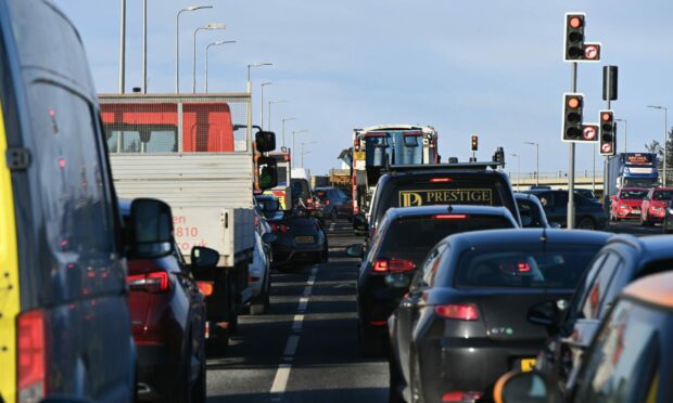 Queues of traffic built up following a crash on the AWPR. Image: Kenny Elrick/DC Thomson.