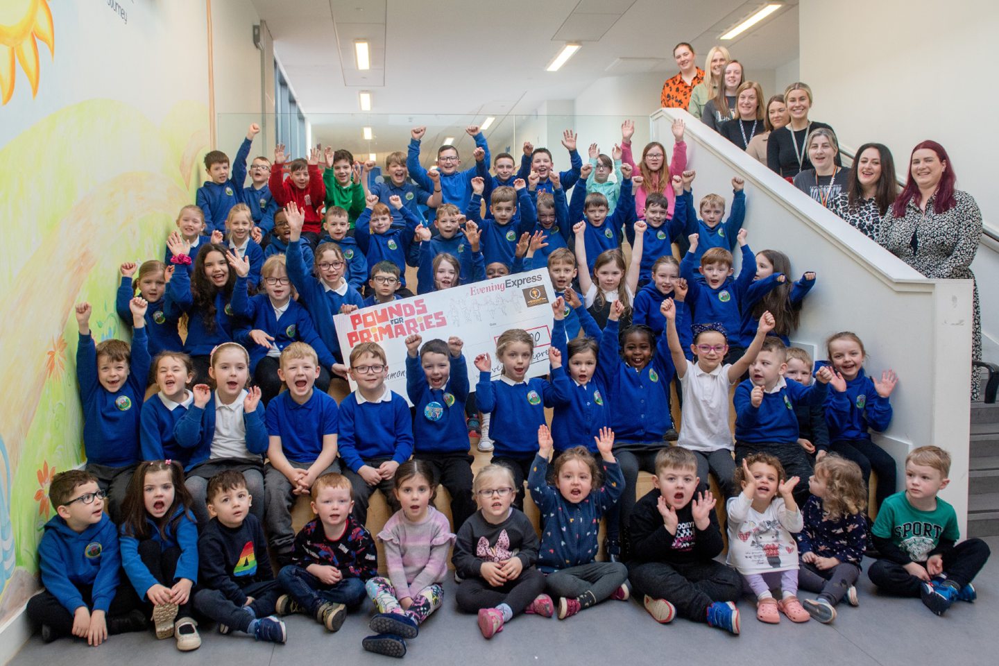 Pounds for Primaries winners from Brimmond school celebrate with their £2,000 cheque in the hallway.