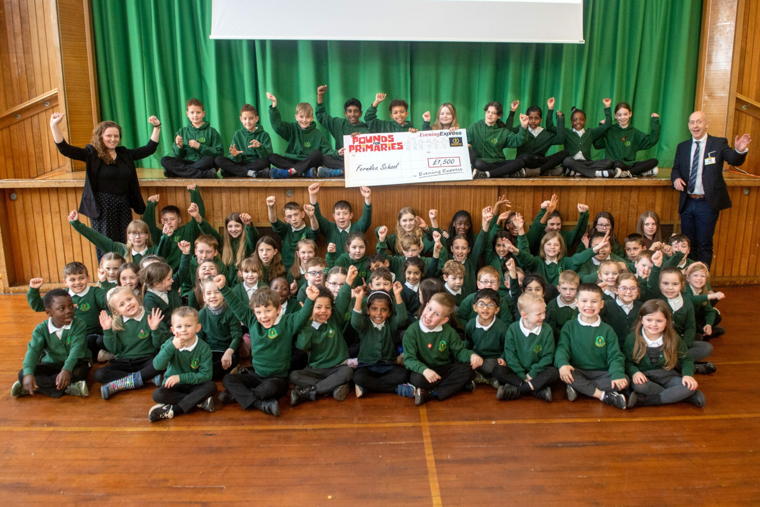 Fernielea School pupils celebrate as Pounds for Primaries winners.