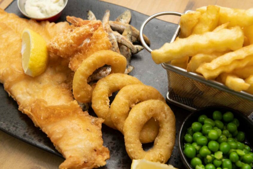 Fish and Chips and onion rings from Lorimers in Inverness