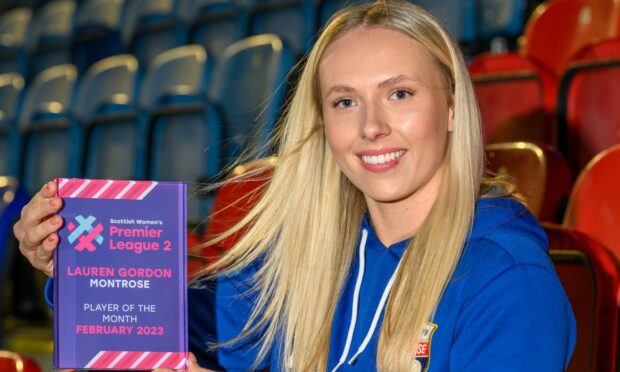 Former Aberdeen Women forward Lauren Gordon has won the SWPL 2 player of the month award for her form at Montrose. Image: Malcolm Mackenzie/SWPL