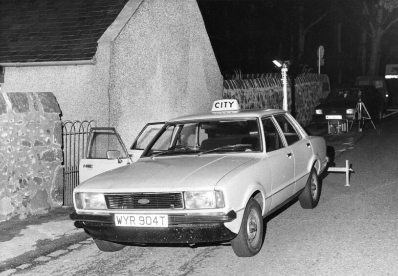 The scene of the Cheese Wire Murder - George Murdoch's taxi parked on Pitfodels Station Road, Aberdeen in 1983.