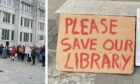 More than 100 people gathered outside Marischal College in Aberdeen with homemade signs protesting the library closures. Image: DC Thomson.