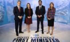 STV's Political Editor Colin Mackay with SNP leadership candidates Kate Forbes, Humza Yousaf and Ash Regan ahead of their debate. Image: Kirsty Anderson/STV/PA Wire.