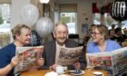 Former Evening Express news editor, Jimmy Lees, celebrated his 100th birthday at Broomhill Park on Monday. Pictured with manager Carolyn Slessor (left) and support worker Wendy Craig (right). Image: Scott Baxter/DC Thomson.