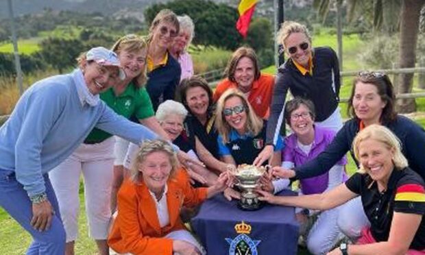 Aberdeen Ladies Golf Club's Sheena Wood, in a purple top, with her European team-mates after beating Spain in Gran Canaria. Image: Alan Brown
