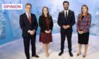 From left to right, STV's political editor Colin Mackay, with SNP leadership candidates Kate Forbes, Humza Yousaf and Ash Regan, ahead of their recent televised debate (Image: Kirsty Anderson/STV/PA)