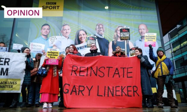 A demonstration in support of Gary Lineker held outside the BBC's main sports studios at Media City in Salford Quays, prior to his return to the BBC (Image: Joel Goodman/LNP/Shutterstock)
