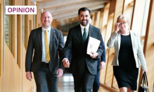 Newly-elected leader of the Scottish National Party (SNP), Humza Yousaf, with Neil Gray (left) and Shona Robison, arriving at the Scottish Parliament in Edinburgh. Image: Jane Barlow/PA Wire