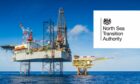 An oil rig and logo of North Sea Transition Authority imposed on top