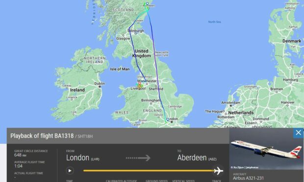 The British Airways fight was diverted from Aberdeen to land in Liverpool, and passengers were asked to leave the plane at about 1.30am, without any accommodation secured for them by the airline operator. Image: Flight Radar