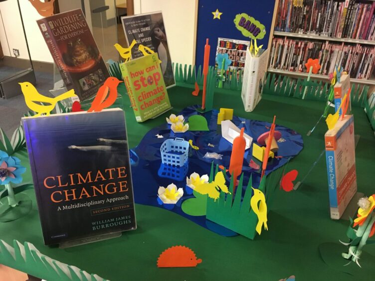 A library display from a climate cafe.