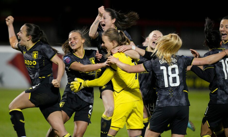 Aston Villa Women celebrate after beating West Ham in last season's FA Cup fifth-round.