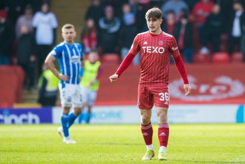 Alfie Bavidge during a Premiership match between Aberdeen and Kilmarnock at Pittodrie, on April 8, 2023. Image: SNS.