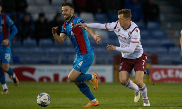 Caley Thistle's Sean Welsh breaks free from Arbroath's David Gold. Image: SNS