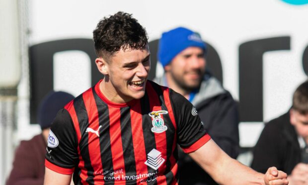 Cammy Harper celebrates his clinching goal for Inverness at Cove Rangers. Images: Craig Brown/SNS Group