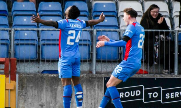 Austin Samuels celebrates his equaliser for ICT against Dundee. Images: Euan Cherry/SNS Group